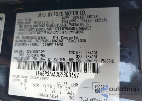 2016 Ford Mustang V6 z USA, uszkodzony, nr VIN 1FA6P8AM3G5303167